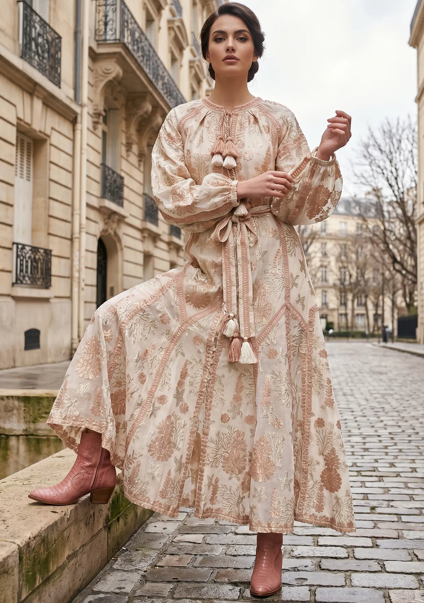 ibBan Beige Hand Embroidered Winter Maxi Dress | Cotton Lurex Luxury Dress - Efnan