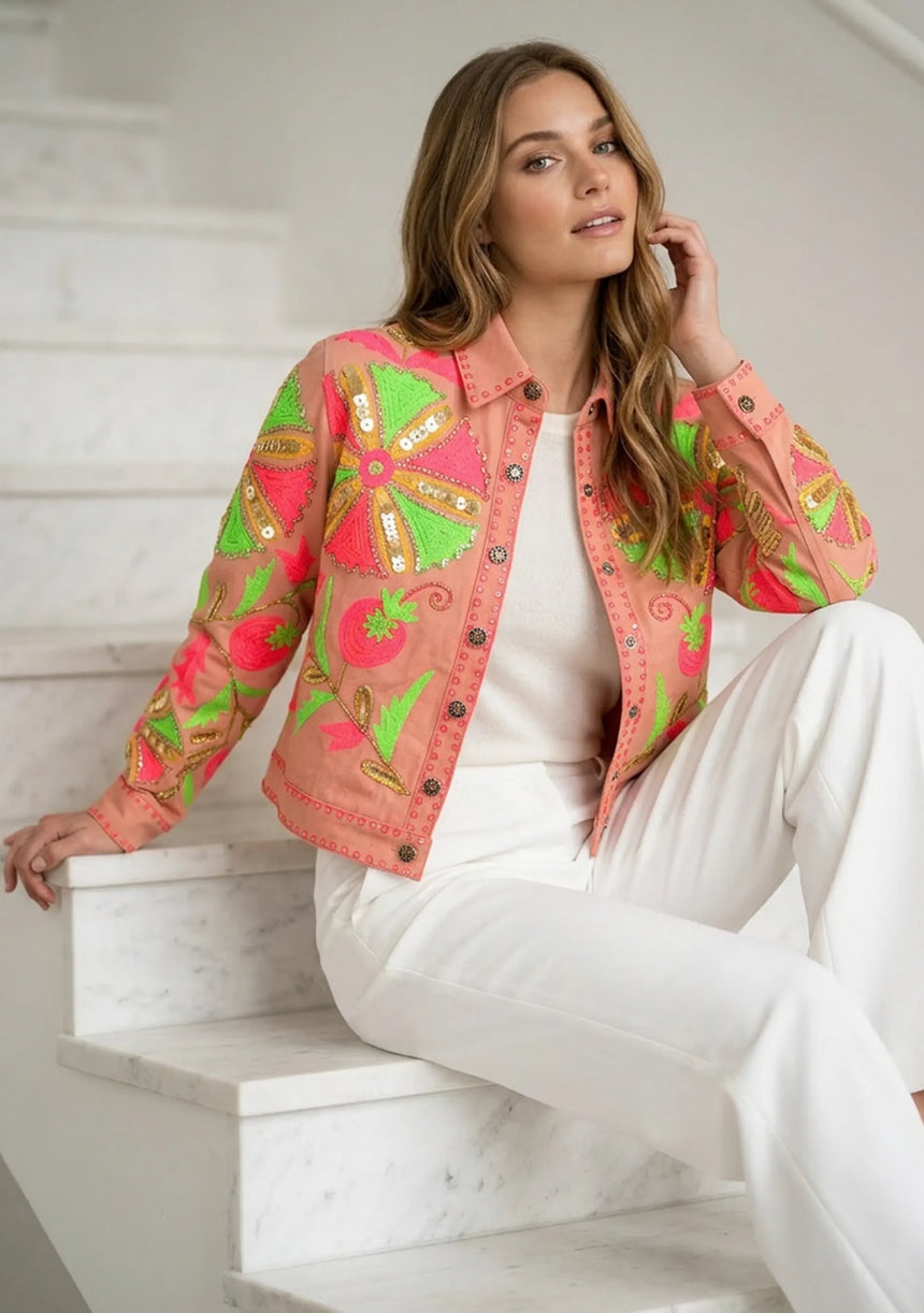 Women's Artisan Hand Embroidery Canvas Jacket - Meliah