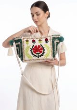 ibBan Women's Hand Embroidered White Tote Bag - Ambir | Artisan Canvas Handbag