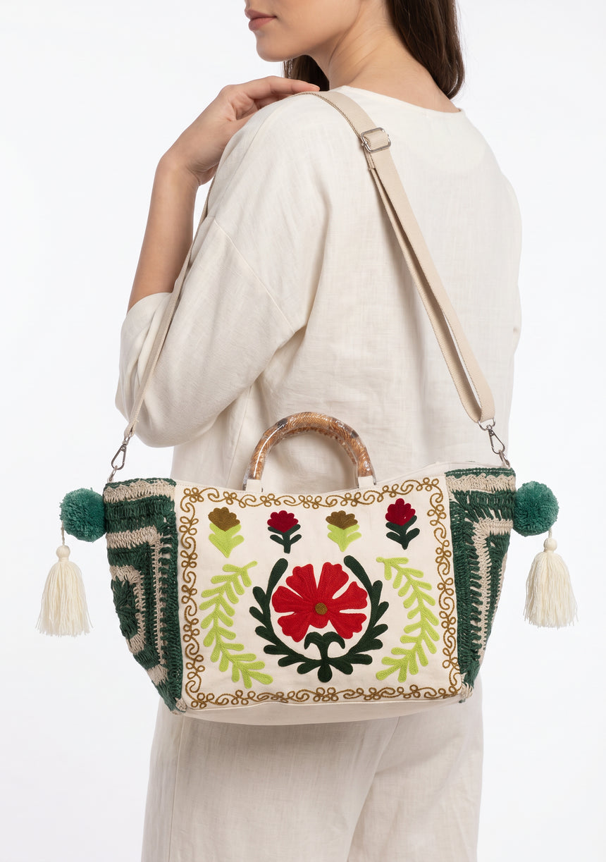 ibBan Women's Hand Embroidered White Tote Bag - Ambir | Artisan Canvas Handbag