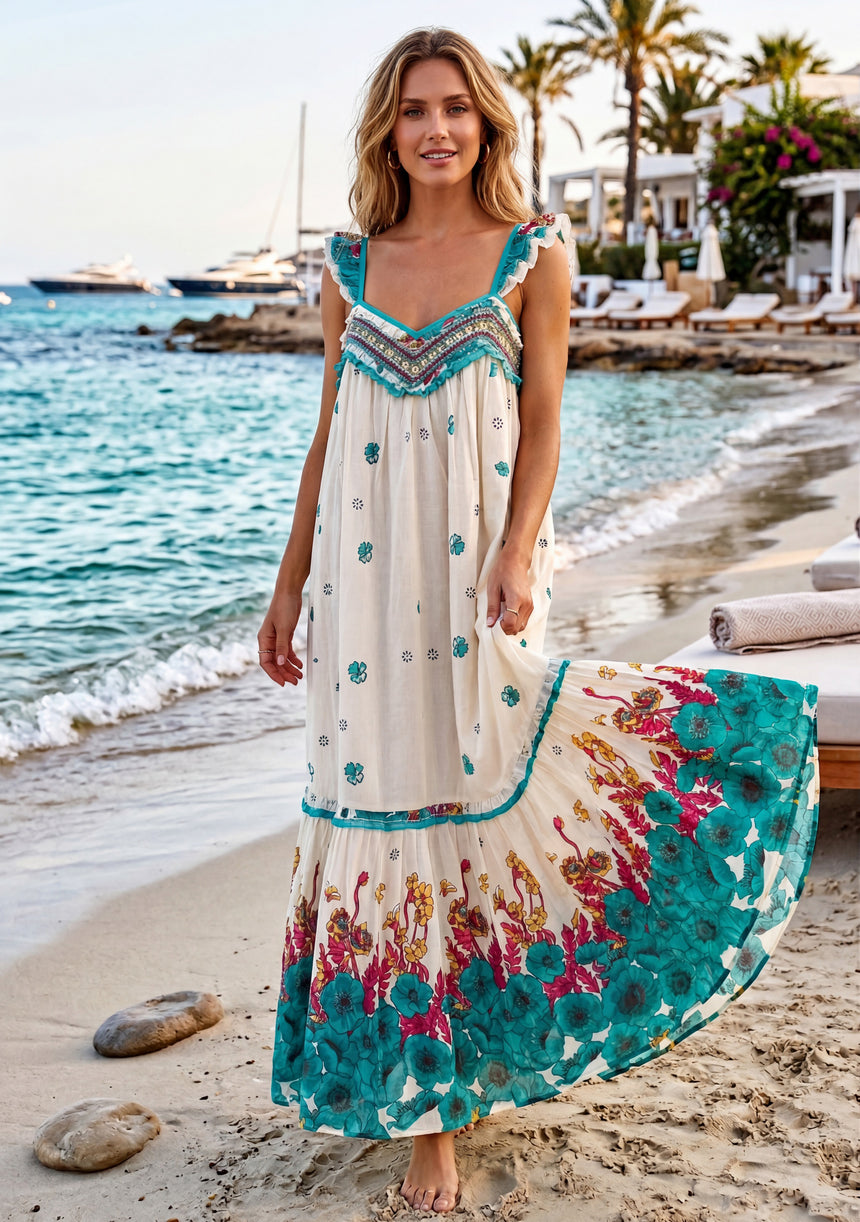 Maxivestido de algodón con cuello redondo para mujer - Sola