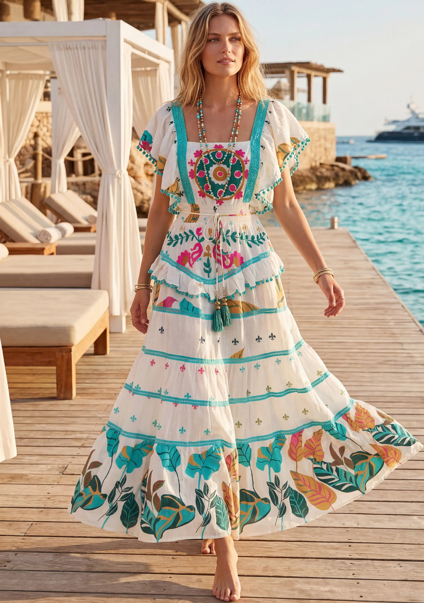 Maxivestido de algodón con cuello en V para mujer - Funami
