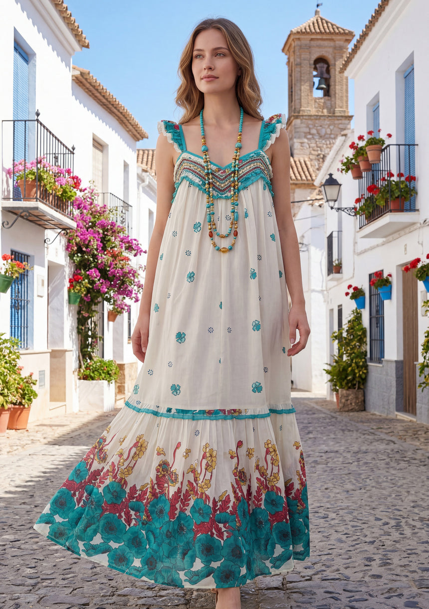 Maxivestido de algodón con cuello redondo para mujer - Sola
