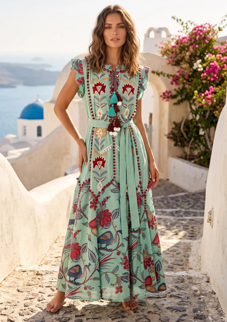 ibBan Hand-Embroidered Cotton Long Dress with Floral Print - Rasha
