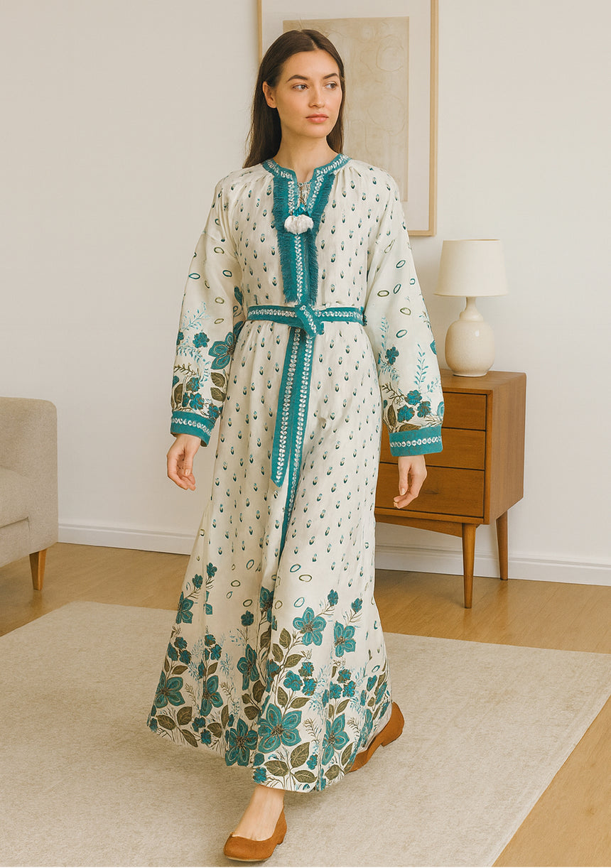ibBan Premium Printed Cotton Long Dress with Hand Embroidery -Farhat Long Dress