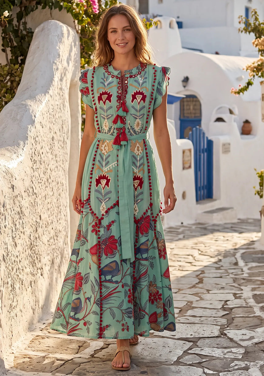 ibBan Hand-Embroidered Cotton Long Dress with Floral Print - Rasha