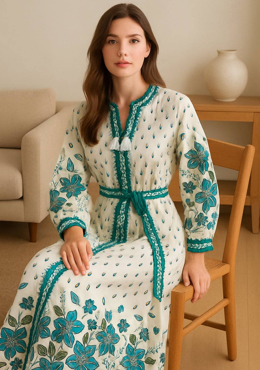 ibBan Premium Printed Cotton Long Dress with Hand Embroidery -Farhat Long Dress