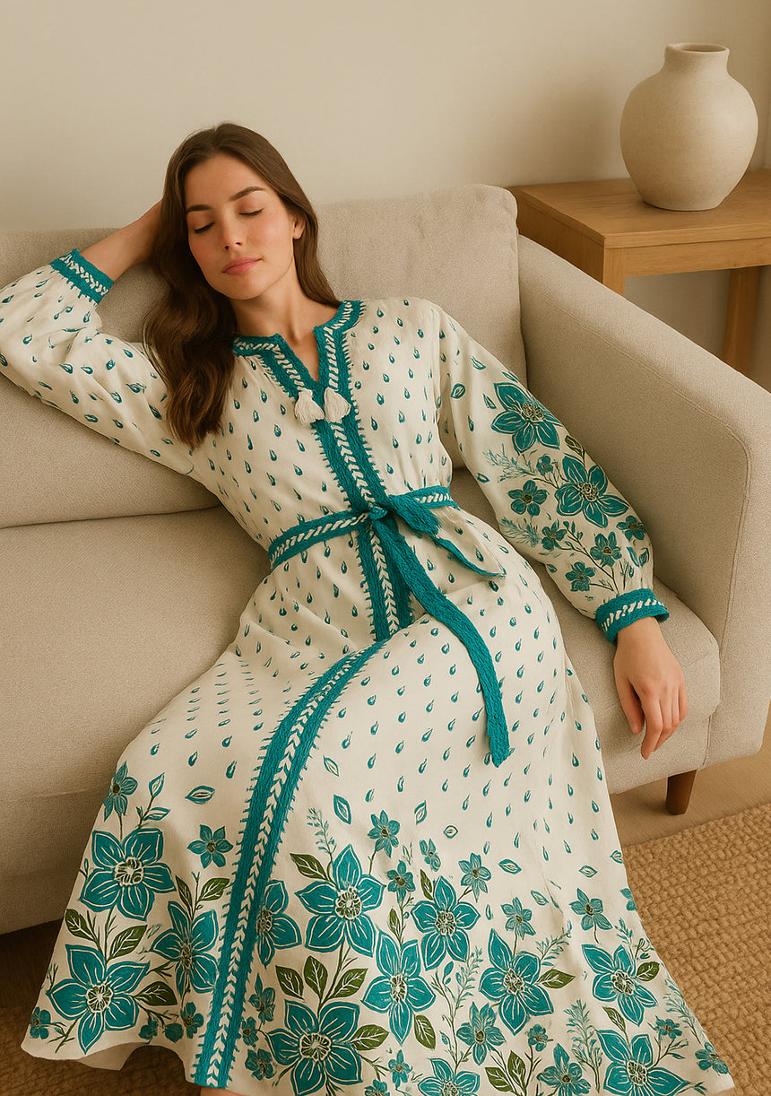 ibBan Premium Printed Cotton Long Dress with Hand Embroidery -Farhat Long Dress