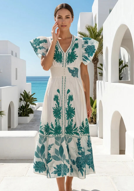 Vestido largo de algodón de lujo bordado a mano para mujer, cuello en V - Yamira