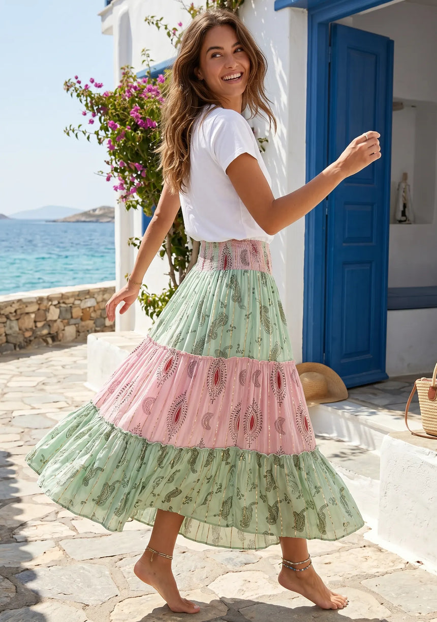 ibBan Printed Cotton Georgette  Skirt | Women's Boho Resort Skirt - Emme