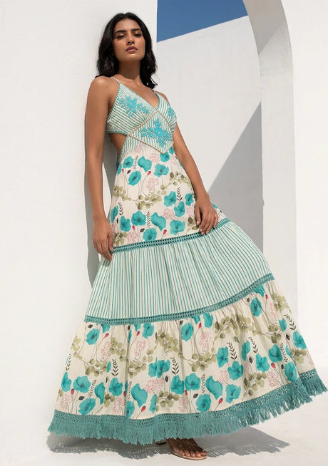 Women's Hand Embroidered Printed Luxury Cotton Sleeveless Strap Dress Halter Neck- Sarifa