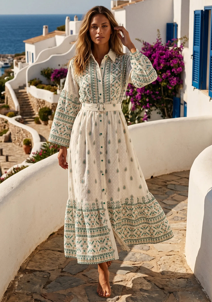 ibBan Printed Cotton Long Dress with Hand Embroidery -Eliza Long Dress