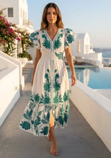 Women's Hand Embroidered Luxury Cotton Long Dress V- Neck - Yamira