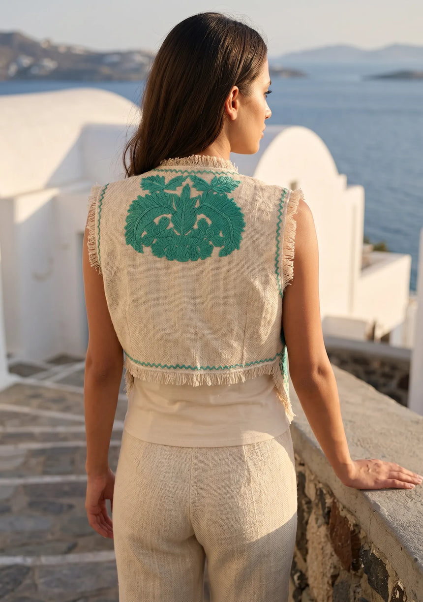ibBan Hand Embroidered Jute Gilet | Luxury Summer Women's Vest -Donia