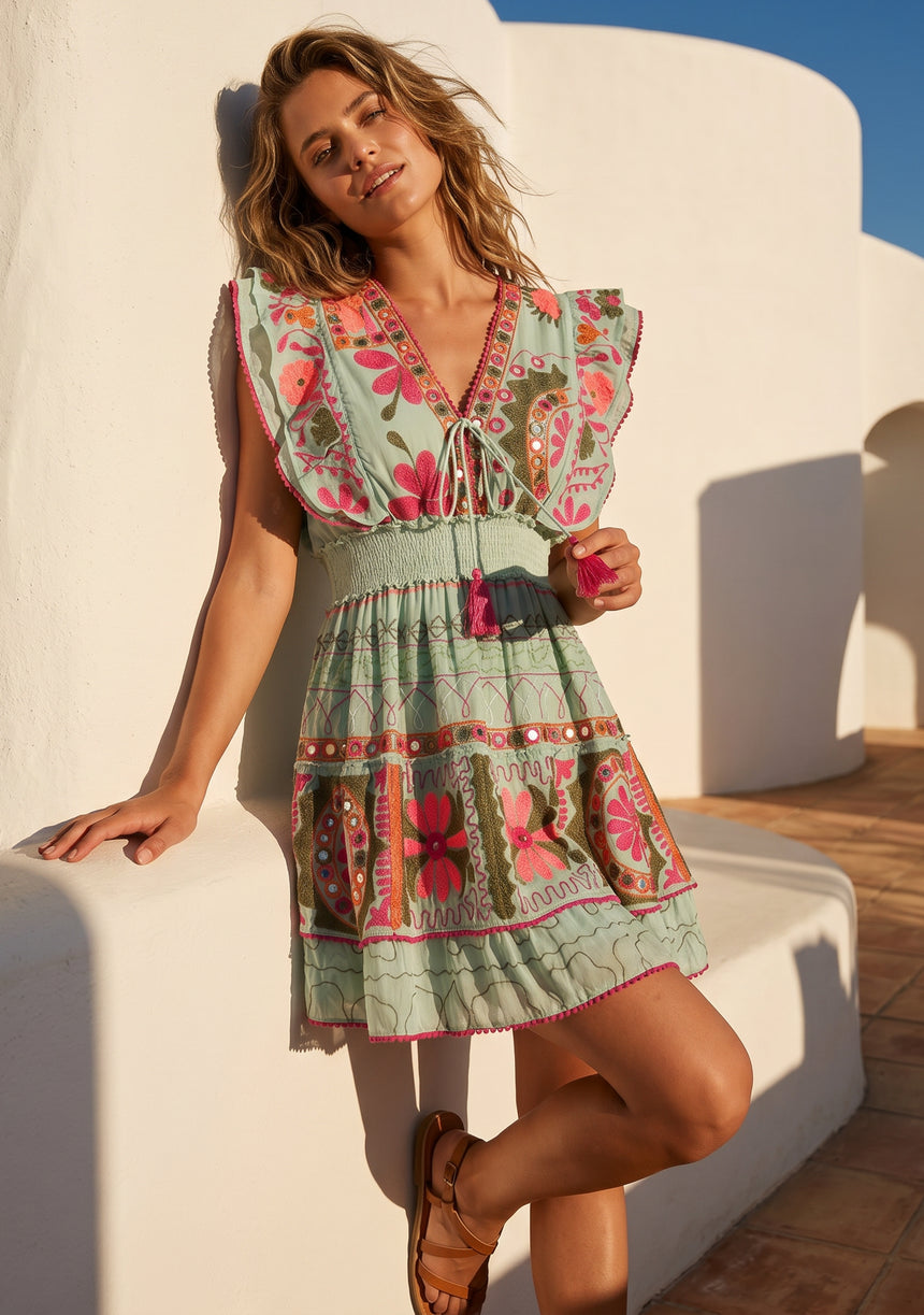 ibBan Hand Embroidered Long Dress | Luxury Bohemian Short Dress - Orla