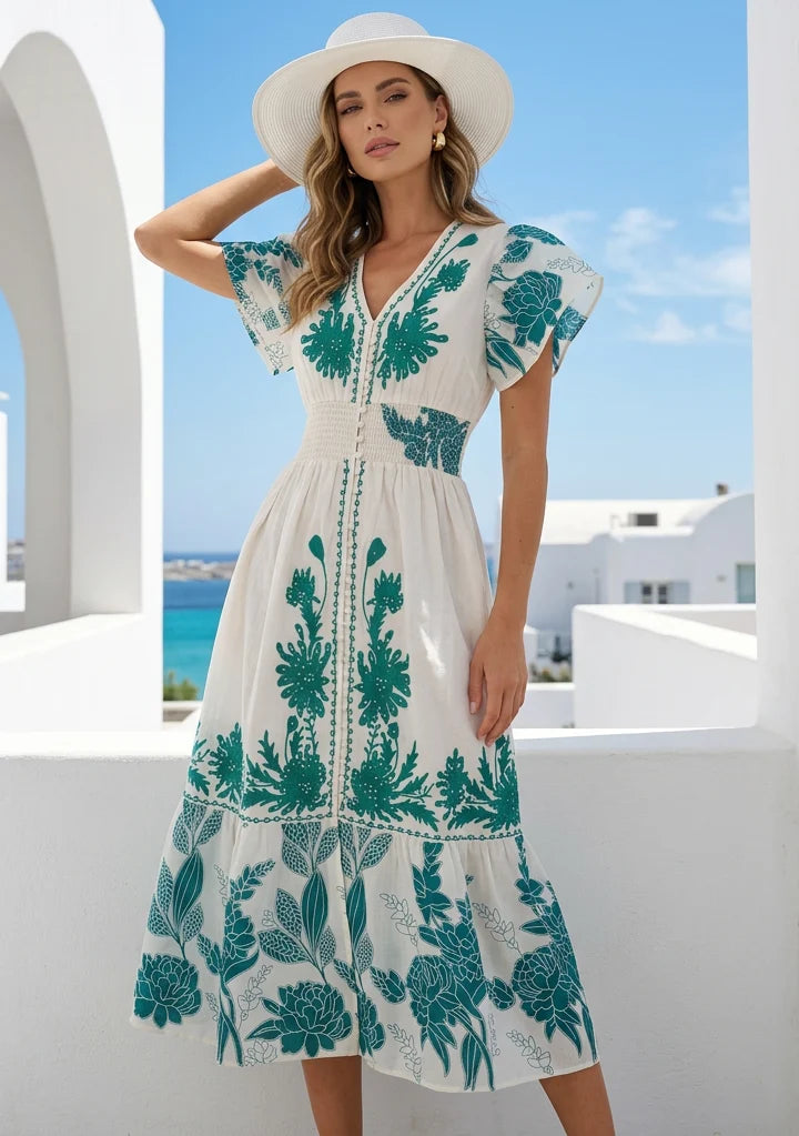 Women's Hand Embroidered Luxury Cotton Long Dress V- Neck - Yamira