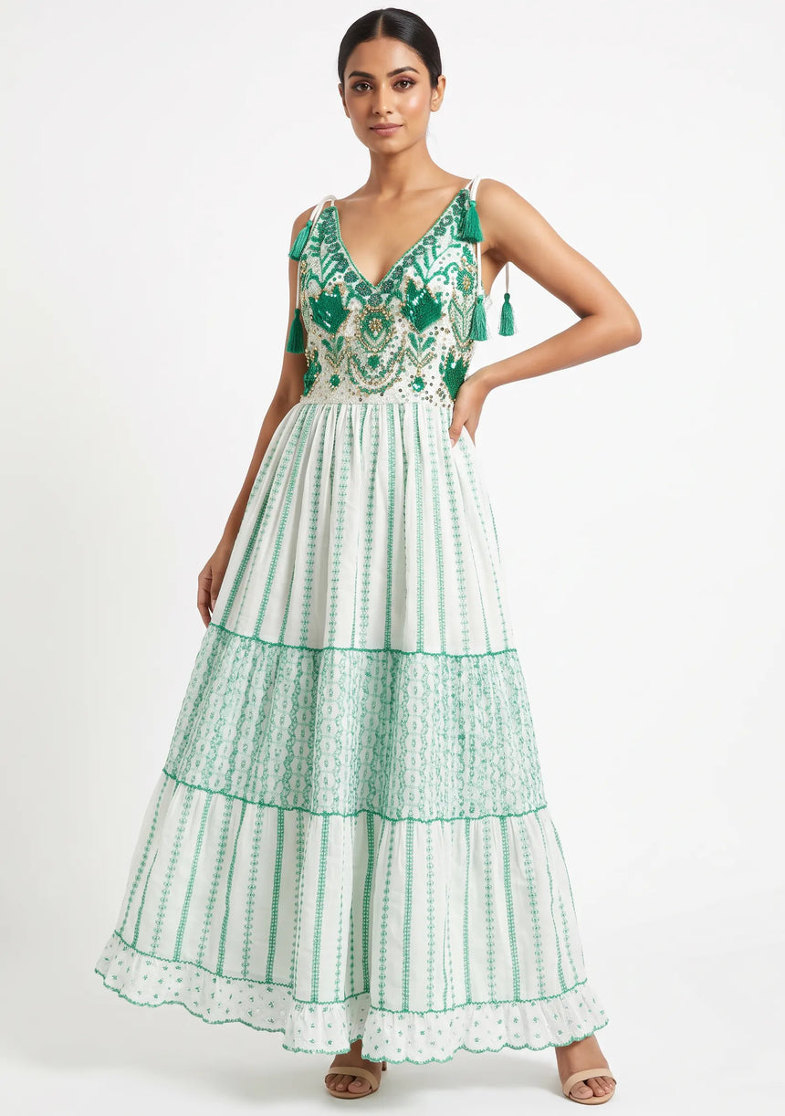 Robe longue à bretelles ibBan pour femme Basima | Broderie main | Paillettes | Taille unique