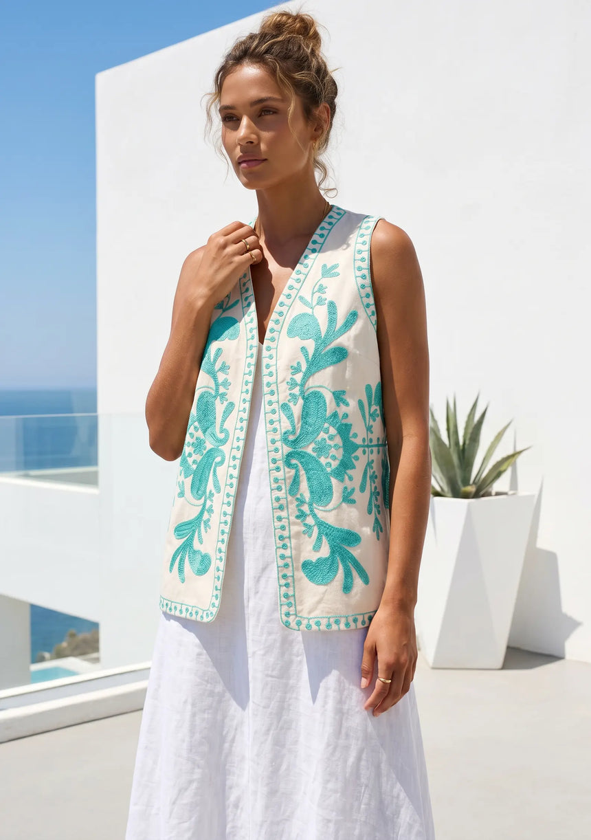 ibBan Hand Embroidered Summer Vest | Women's Cotton Canvas Designer Vest - Perla
