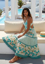 Women's Hand Embroidered Printed Luxury Cotton Sleeveless Strap Dress Halter Neck- Sarifa