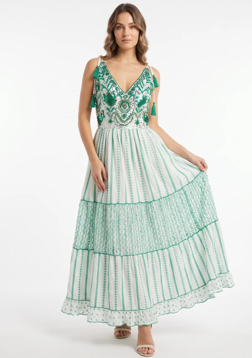 Robe longue à bretelles ibBan pour femme Basima | Broderie main | Paillettes | Taille unique