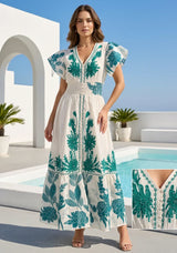 Women's Hand Embroidered Luxury Cotton Long Dress V- Neck - Yamira