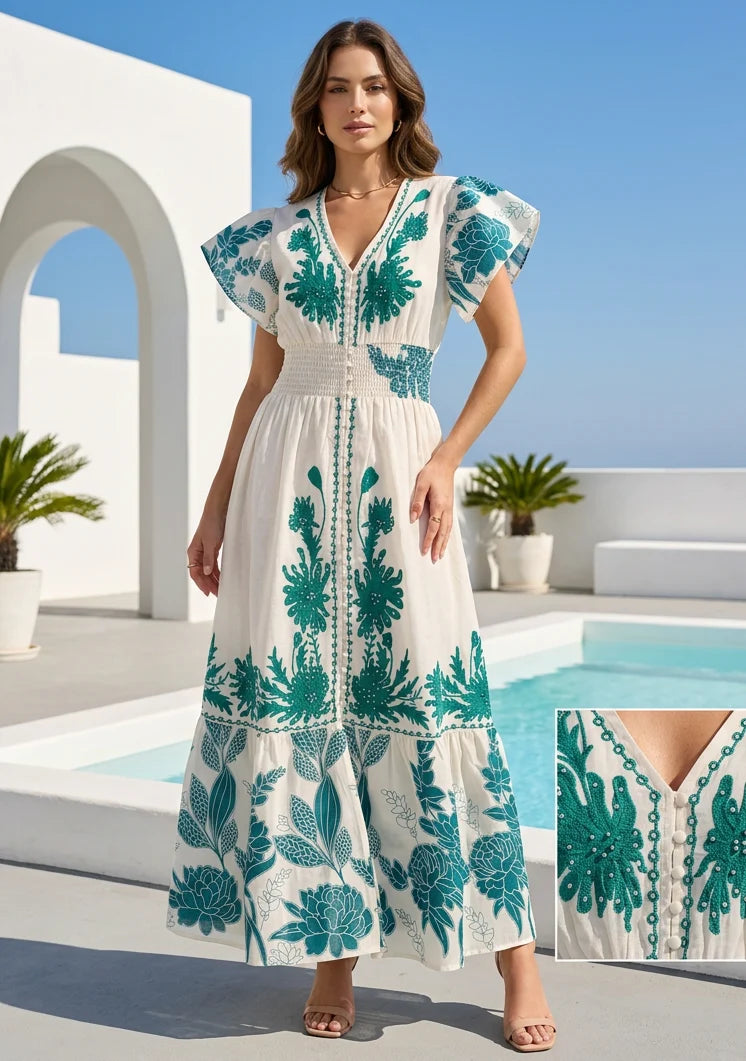 Women's Hand Embroidered Luxury Cotton Long Dress V- Neck - Yamira