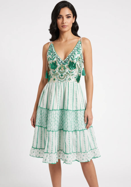 Robe Courte à Bretelles Basima pour Femme ibBan | Broderie Main | Paillettes & Perles | Taille Unique
