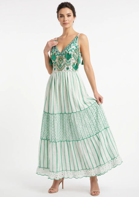 Robe longue à bretelles ibBan pour femme Basima | Broderie main | Paillettes | Taille unique