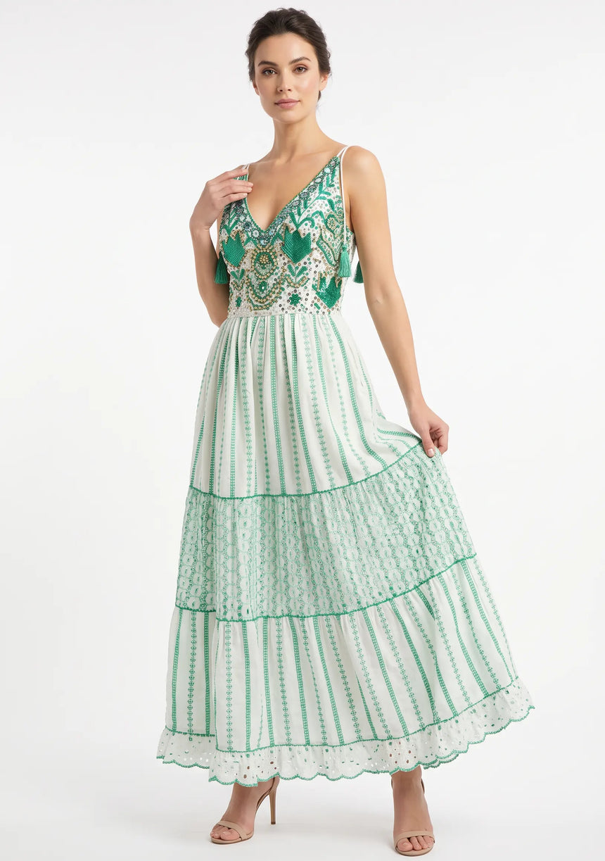Robe longue à bretelles ibBan pour femme Basima | Broderie main | Paillettes | Taille unique