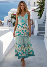 Women's Hand Embroidered Printed Luxury Cotton Sleeveless Strap Dress Halter Neck- Sarifa