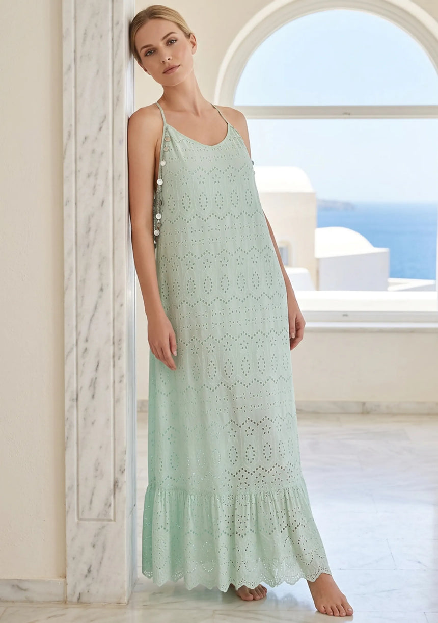 Vestido maxi de algodón bordado a mano con cuello en V para mujer - Ruwa