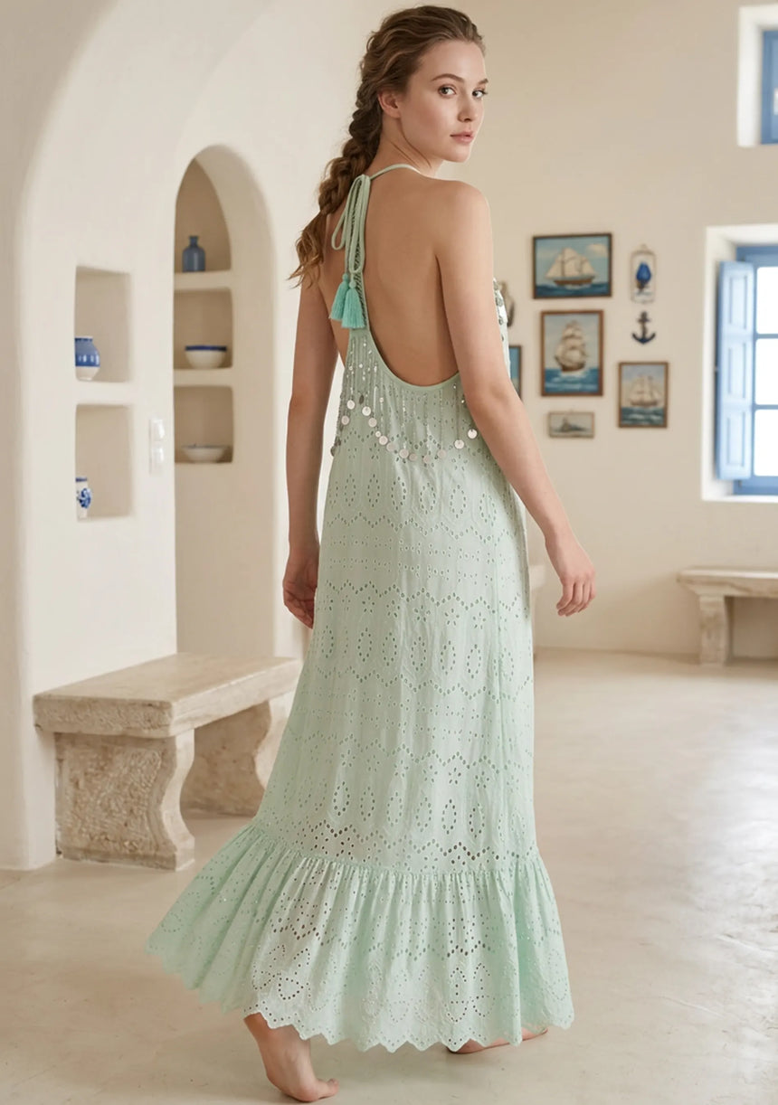 Vestido maxi de algodón bordado a mano con cuello en V para mujer - Ruwa