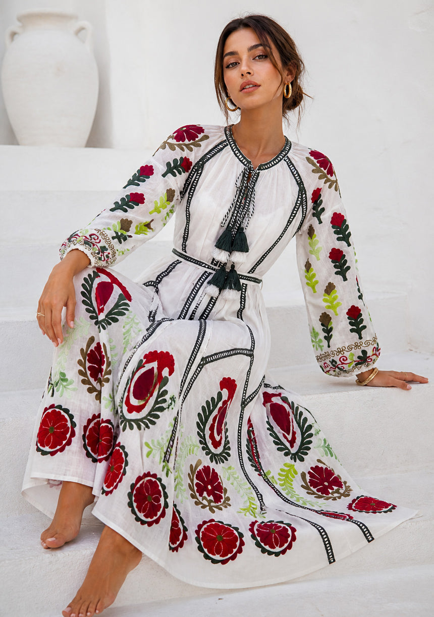 Vestido largo de algodón con cuello redondo para mujer - Raso