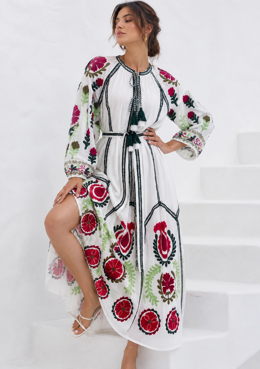 Vestido largo de algodón con cuello redondo para mujer - Raso