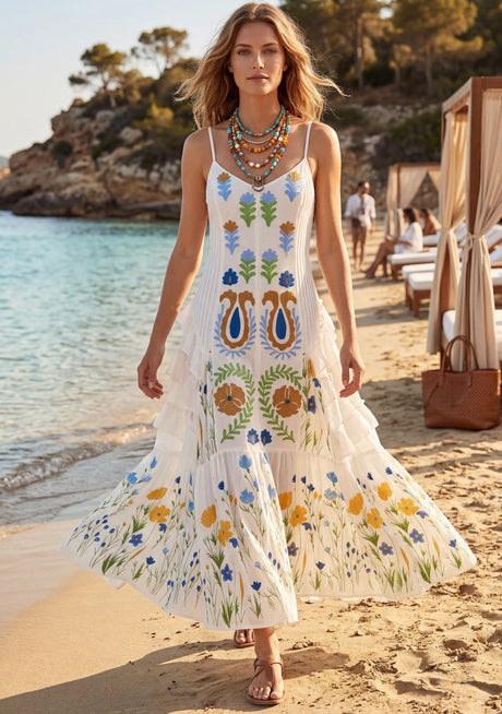 Vestido largo de algodón con cuello cuadrado para mujer - Zewena