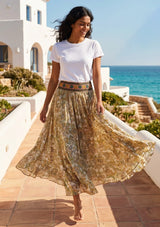 ibBan Printed Silk Beige Skirt | Luxury Women's Boho Resort Skirt - Emme