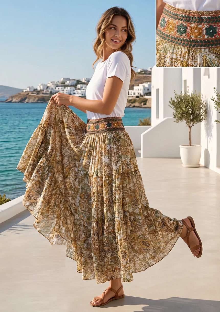 ibBan Printed Silk Beige Skirt | Luxury Women's Boho Resort Skirt - Emme