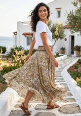ibBan Printed Silk Beige Skirt | Luxury Women's Boho Resort Skirt - Emme