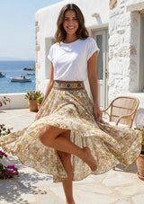 ibBan Printed Silk Beige Skirt | Luxury Women's Boho Resort Skirt - Emme
