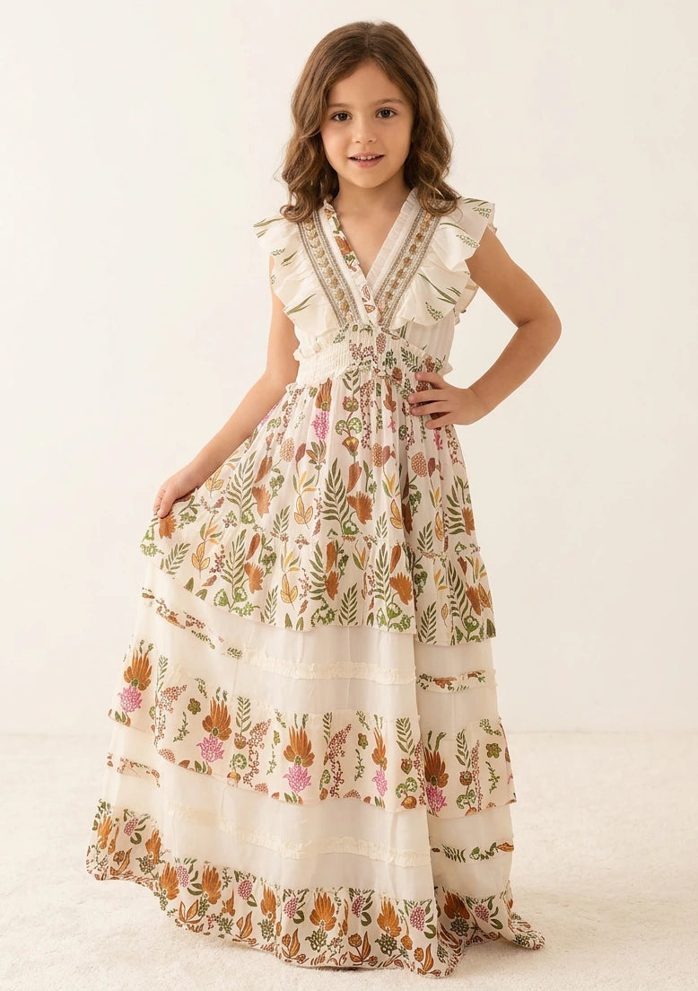 Vestido largo de algodón con cuello en V para niña - Aina