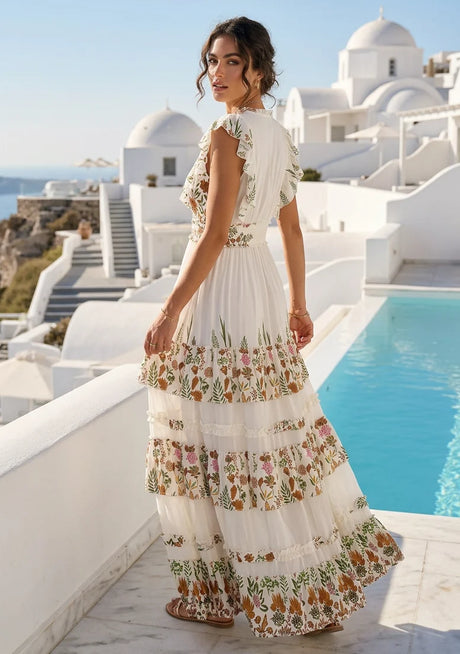 Women's Hand Embroidered Cotton Long Dress V- Neck - Aina