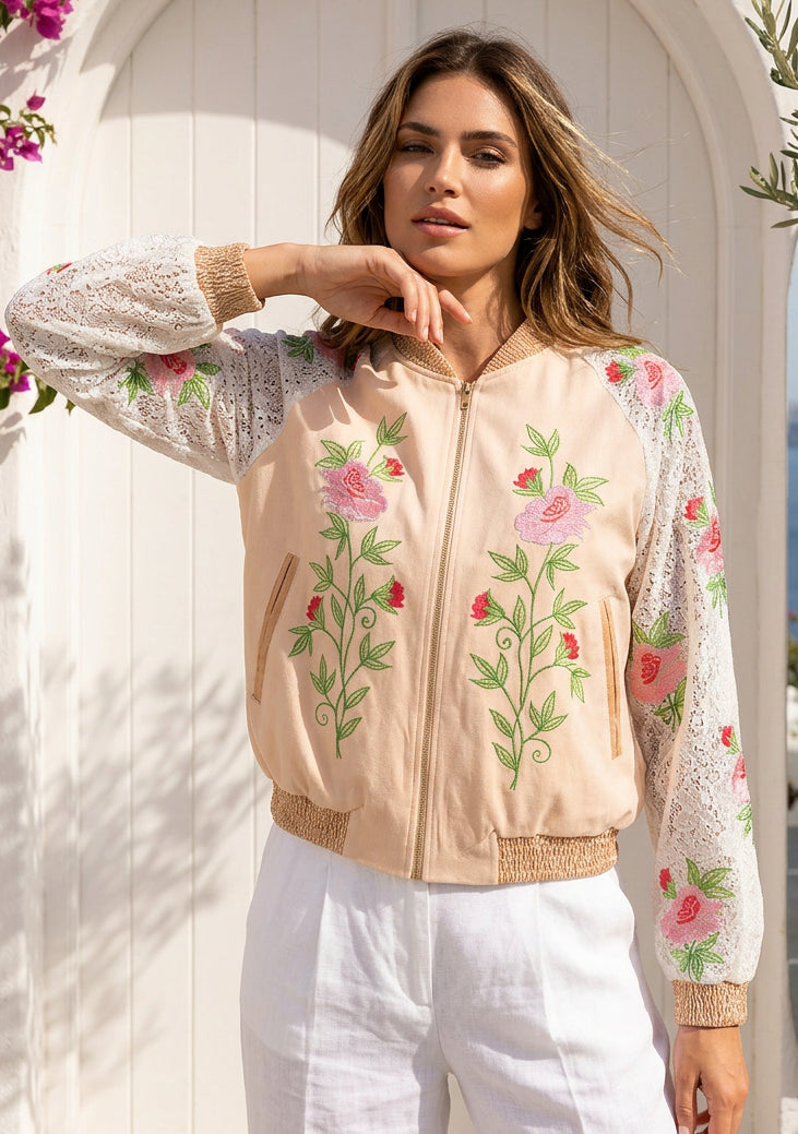 Women's a Stylish Bomber Hand Embroidery Canvas Zip Jacket - Farida
