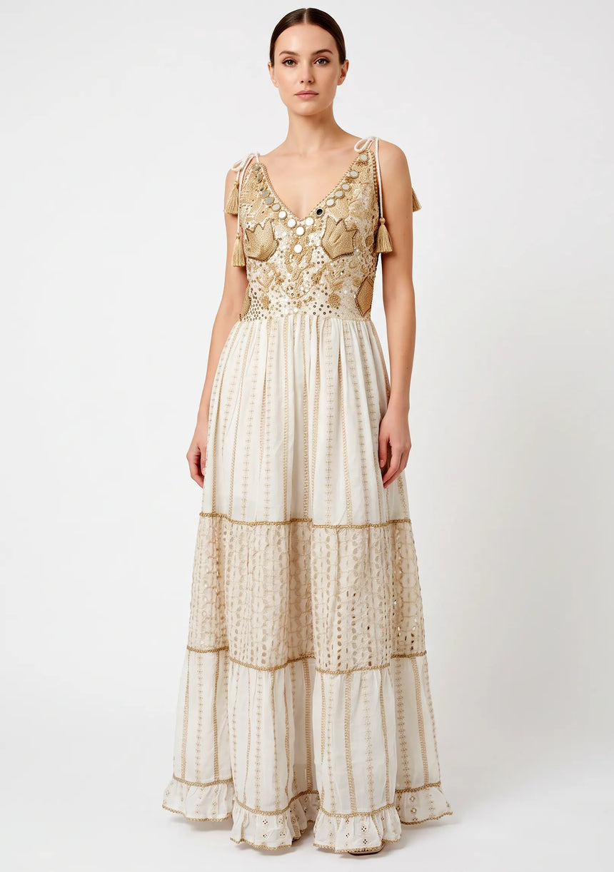 Robe longue à bretelles ibBan pour femme Basima | Broderie main | Paillettes | Taille unique