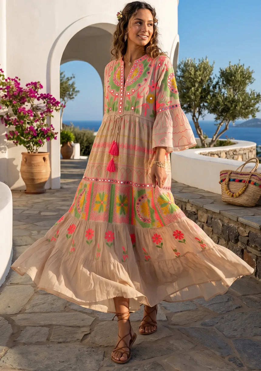 Women's Hand Embroidery Cotton Long Tunic Dress with Embroidery | ibBan - Orla