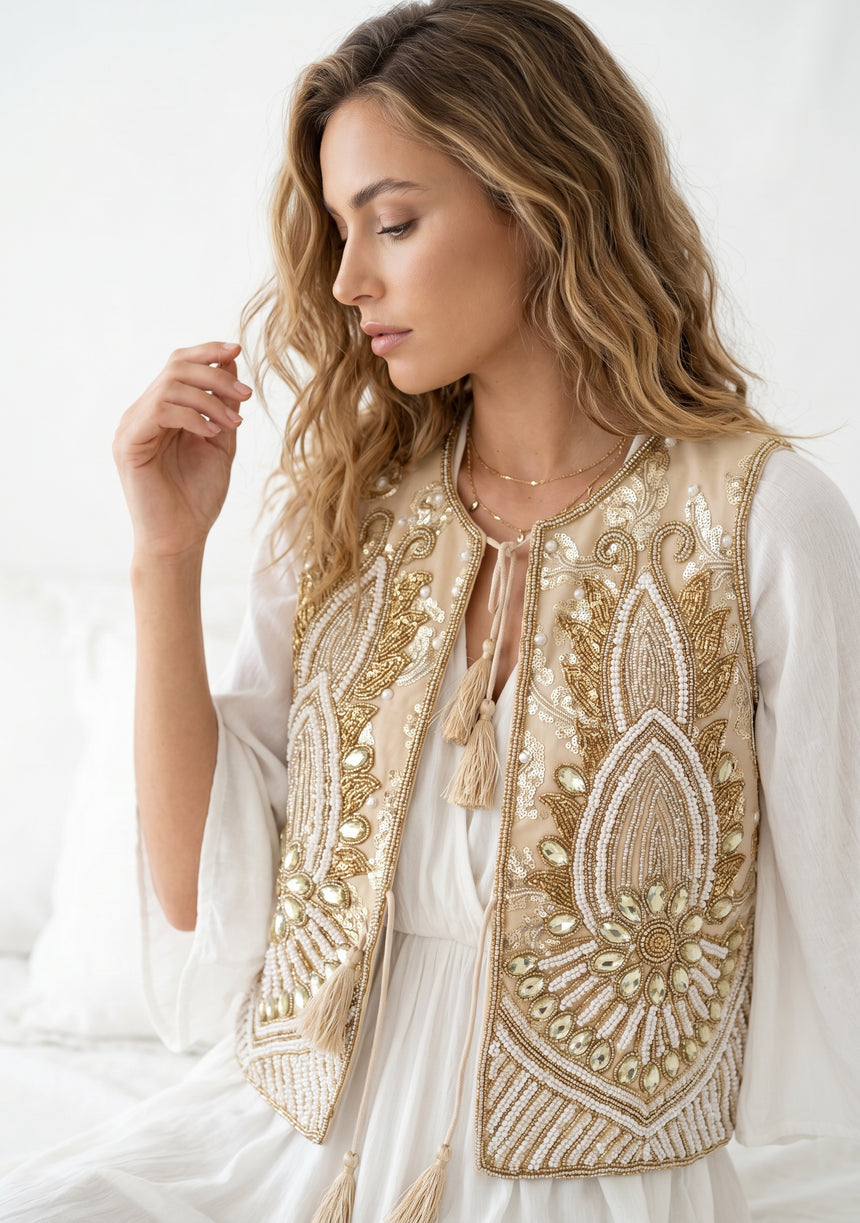 ibBan Hand Embroidered Vest | Luxury Beaded Sleeveless Vest - Vidha
