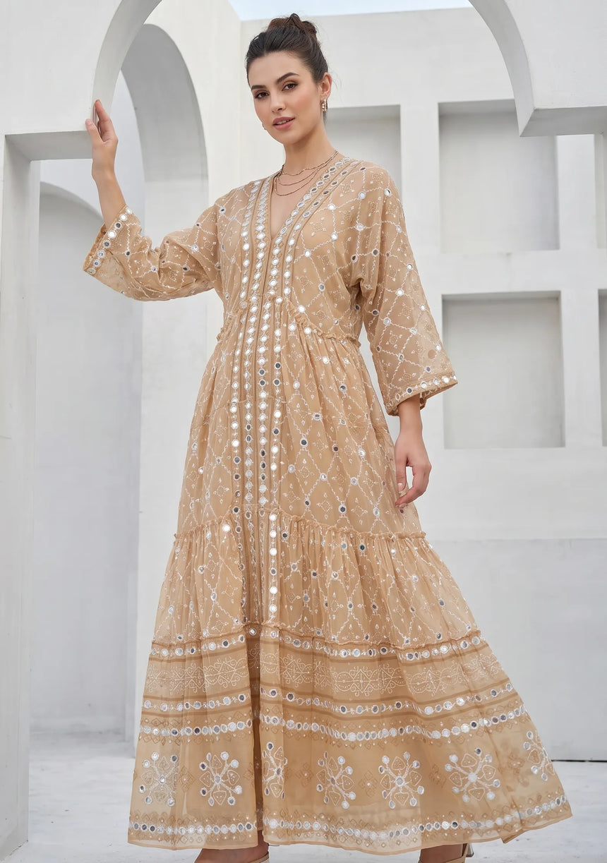 ibBan Hand Embroidered Cotton Maxi Dress | Luxury Boho Resort -Fabiya