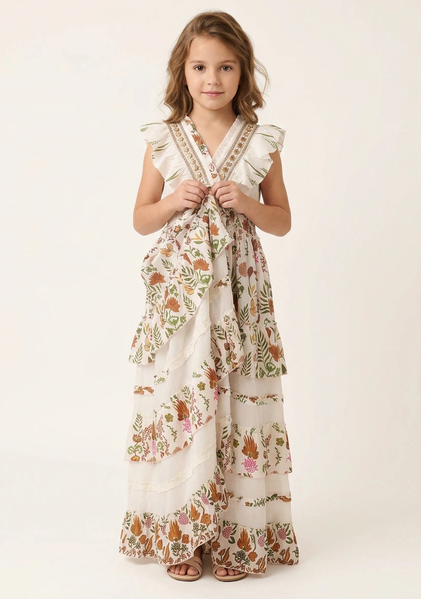 Vestido largo de algodón con cuello en V para niña - Aina