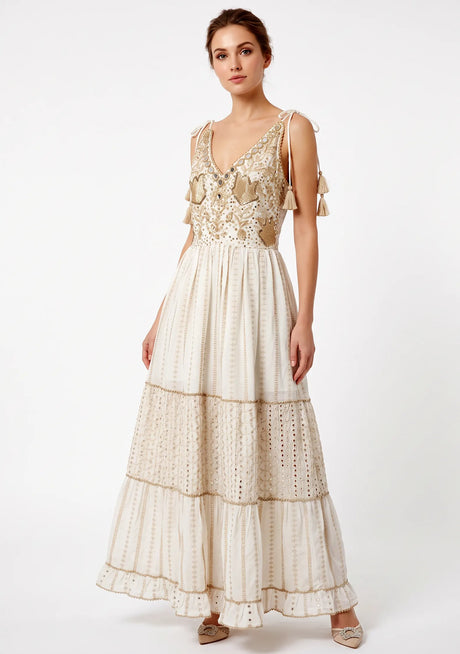 Robe longue à bretelles ibBan pour femme Basima | Broderie main | Paillettes | Taille unique