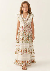Vestido largo de algodón con cuello en V para niña - Aina