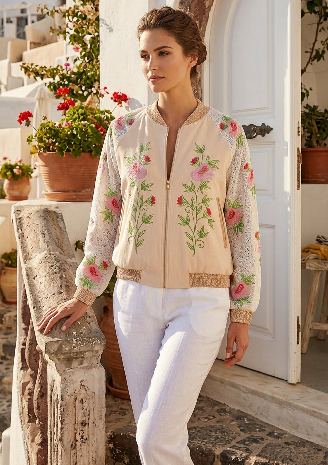 Women's a Stylish Bomber Hand Embroidery Canvas Zip Jacket - Farida